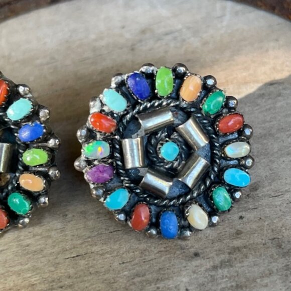 RARE Lorraine Waatsa Zuni Cluster Earrings Vintage Signed - Picture 2 of 8